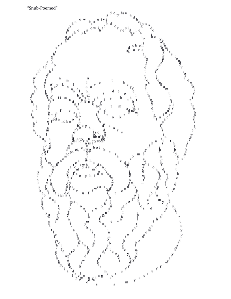 Snub-Poemed by Jack Feist (2013) — a concrete poem in which scattered letters compose the face of Socrates. The poem IS the philosopher. Also a portrait of Johannes Sigil.